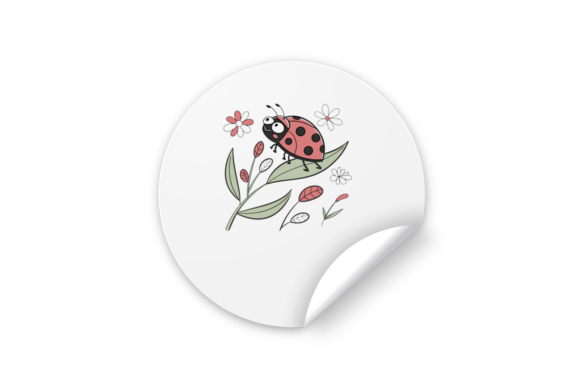 Sticker avec coccinelle joyeuse style doodle sur feuille dans jardin coloré