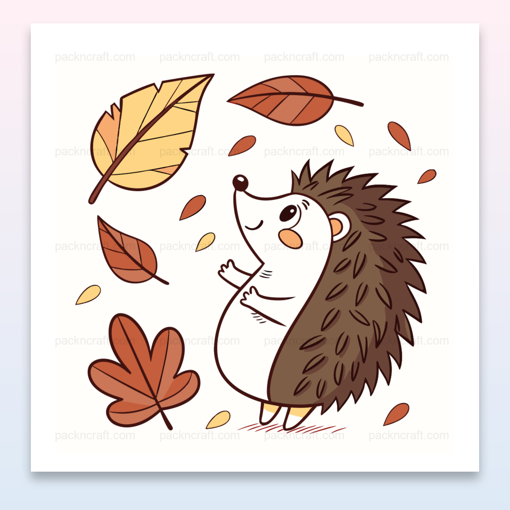 Illustration d'un hérisson joyeux parmi des feuilles d'automne, idéal pour DIY et déco.