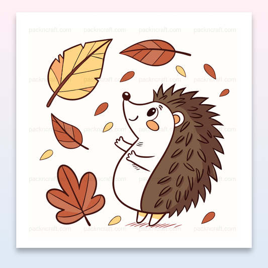 Illustration d'un hérisson joyeux parmi des feuilles d'automne, idéal pour DIY et déco.