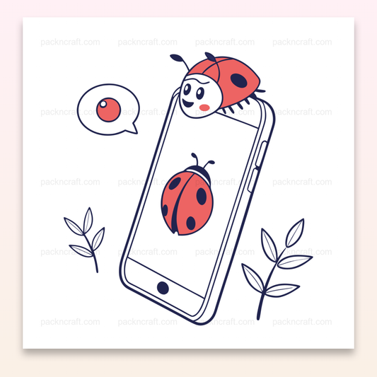 Illustration d'une coccinelle sur smartphone, style doodle. Usage DIY et éducatif.
