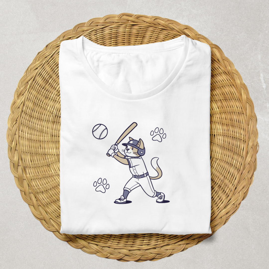 T-shirt fun avec un chat joueur de baseball vibrant d'énergie et de style sportif