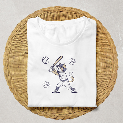 T-shirt fun avec un chat joueur de baseball vibrant d'énergie et de style sportif