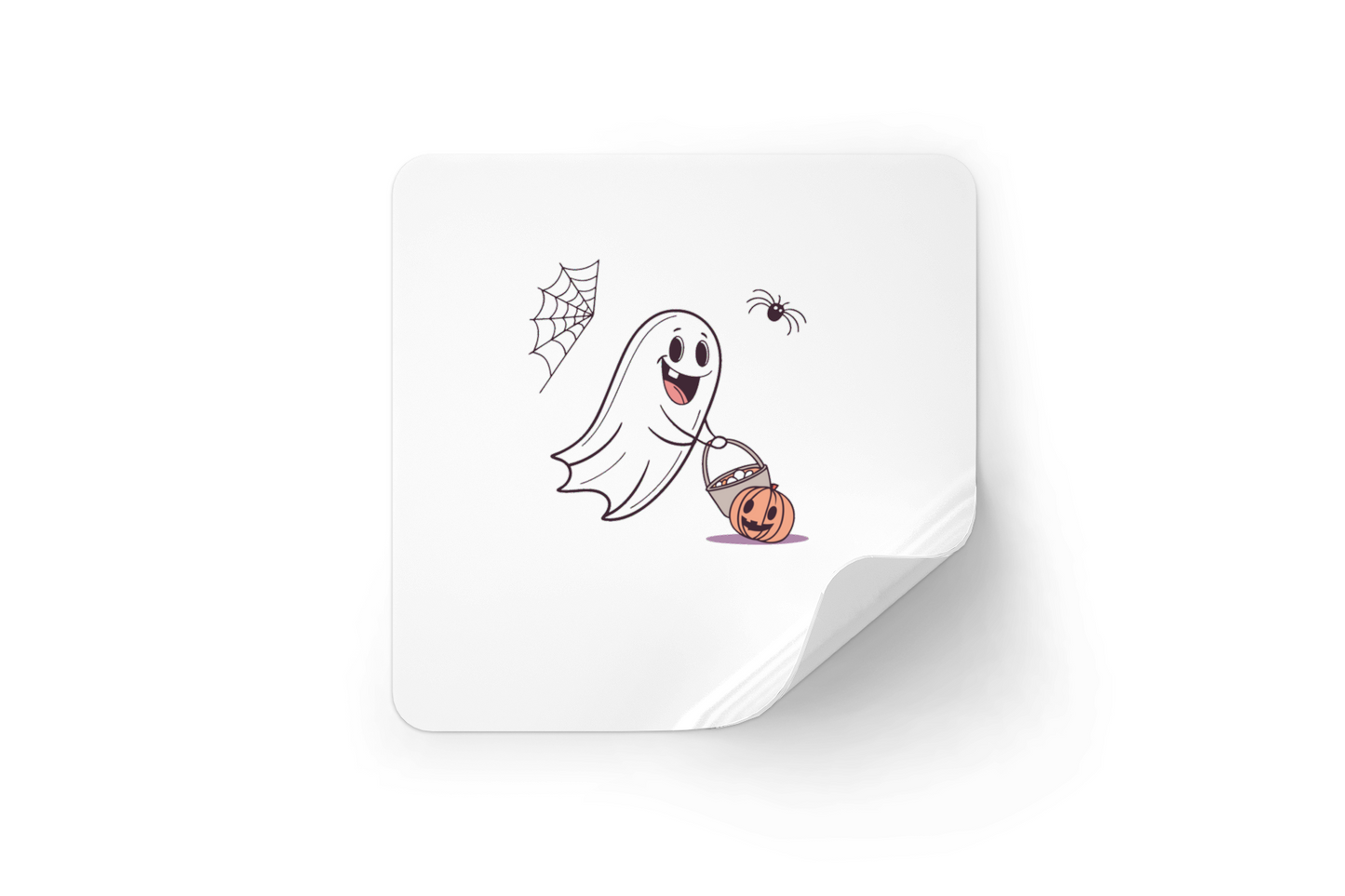 Sticker Halloween avec un joyeux fantôme récoltant des friandises dans un style épeurant