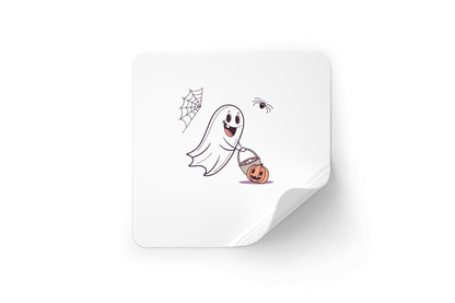 Sticker Halloween avec un joyeux fantôme récoltant des friandises dans un style épeurant