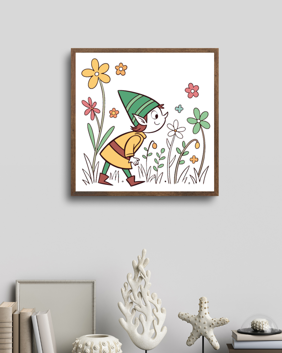 Cadre décoratif avec lutin joyeux animé dans un jardin nature