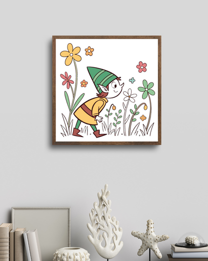 Cadre décoratif avec lutin joyeux animé dans un jardin nature