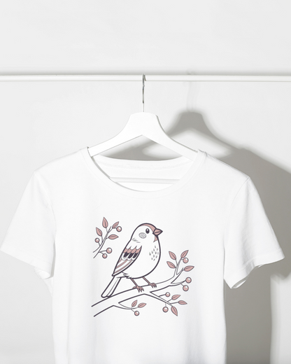 T-shirt avec moineau stylisé en mode décoratif, style pochette pastel élégant