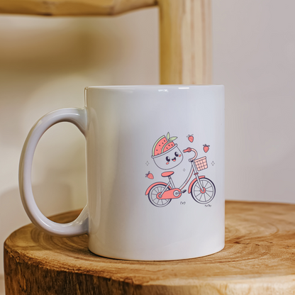 Mug avec visuel fruité et vélo dans des tons pastel, esprit estival et joyeux