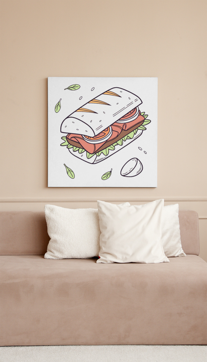 Cadre moderne avec motif doodle d'un sandwich flottant, idéal pour cuisine créative