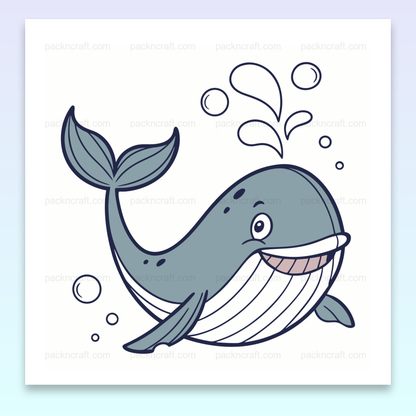 Illustration de baleine joyeuse en style doodle, adaptée pour projets DIY et déco.