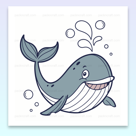 Illustration de baleine joyeuse en style doodle, adaptée pour projets DIY et déco.