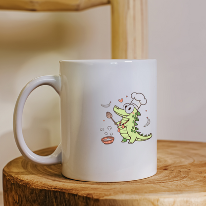 Mug avec crocodile souriant en chef, ambiance cuisine créative, art coloré