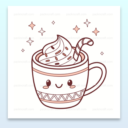 Illustration kawaii de chocolat chaud avec sourire, idéale pour papeterie créative.