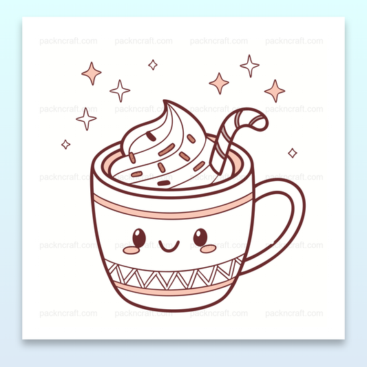 Illustration kawaii de chocolat chaud avec sourire, idéale pour papeterie créative.