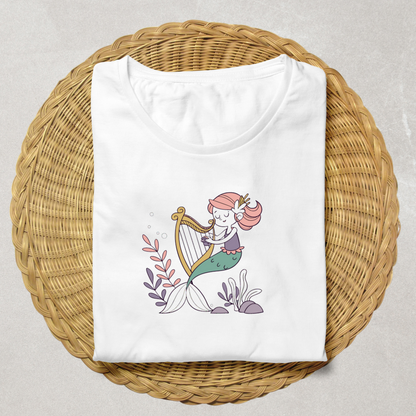 T-shirt en coton orné d'une sirène jouant de la harpe, style océan rêveur