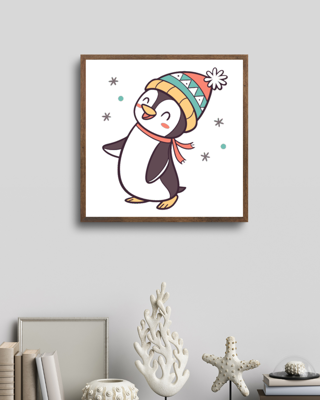 Cadre festif avec pingouin joueur style kawaii en scène hivernale
