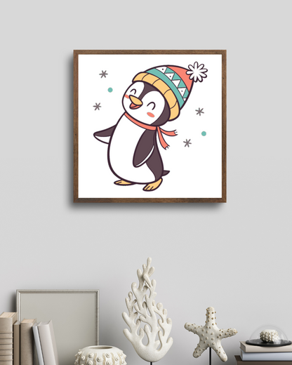 Cadre festif avec pingouin joueur style kawaii en scène hivernale