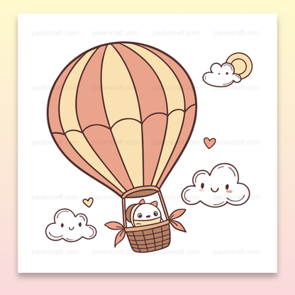 Illustration d'un chaton en montgolfière, idéal pour papeterie et déco.