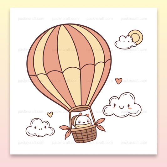 Illustration d'un chaton en montgolfière, idéal pour papeterie et déco.