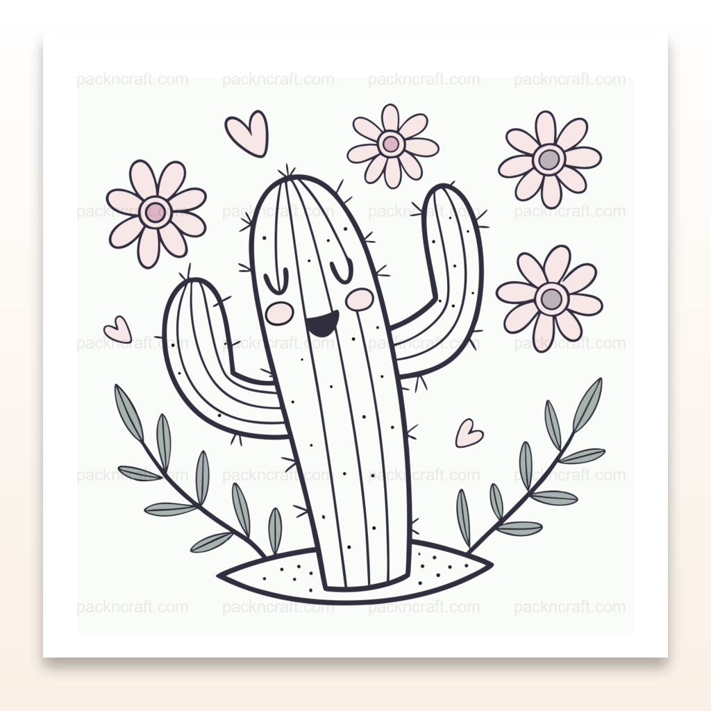 Illustration SVG de cactus joyeux entouré de fleurs, idéale pour DIY et décoration.