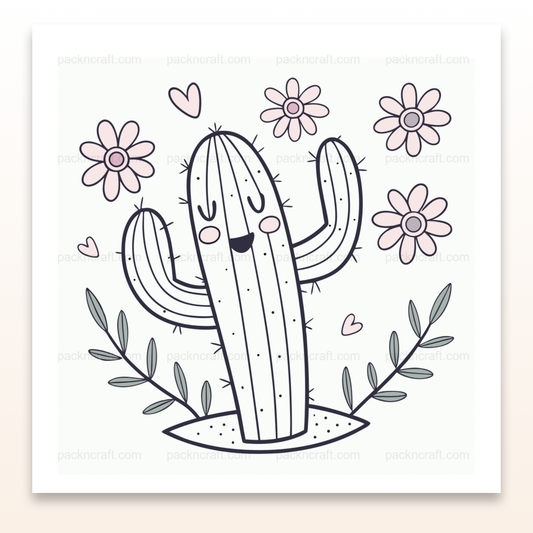 Illustration SVG de cactus joyeux entouré de fleurs, idéale pour DIY et décoration.
