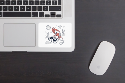 Sticker décoratif avec un crabe DJ dans l'océan, thème marin animé vibrant