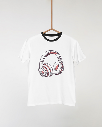 T-shirt moderne avec écouteurs stylisés en tons vibrants pour fan de musique énergique