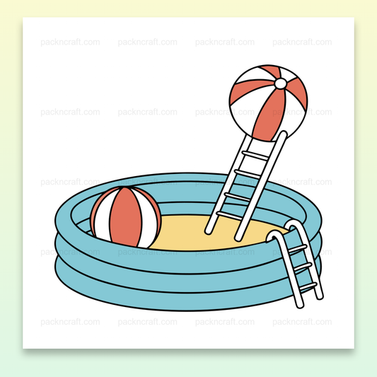 Illustration de piscine gonflable avec balles, style cartoon, idéale pour déco estivale et DIY.