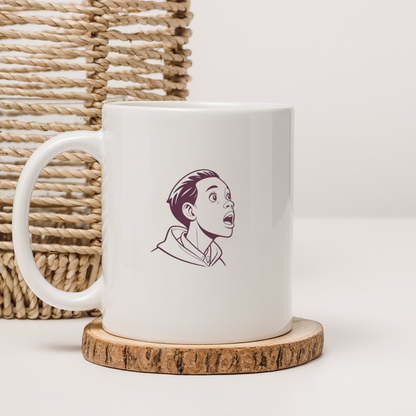 Mug décoré d'un motif minimaliste montrant un garçon ébahi en style moderne