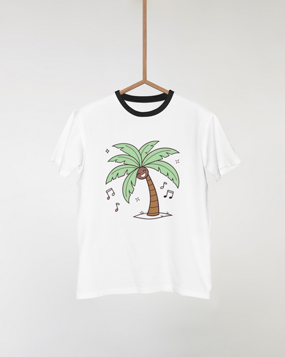 T-shirt tropical avec palmier joyeux style doodle pour une évasion colorée
