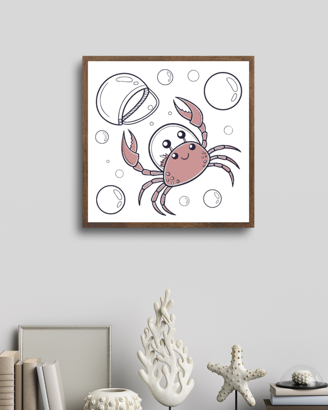 Cadre décoratif avec crabe heureux sous l'eau, style pastel marin
