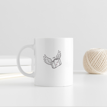 Mug avec une valise ailée flottante au style numérique et dynamique