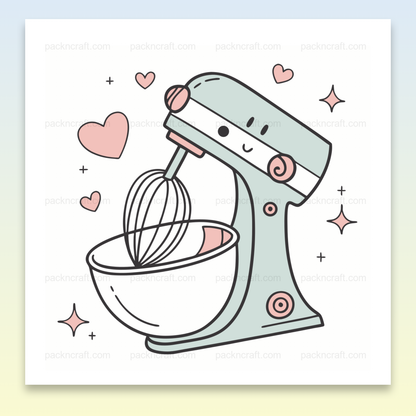 Illustration kawaii et colorée d'un robot pâtissier joyeux pour projets de cuisine