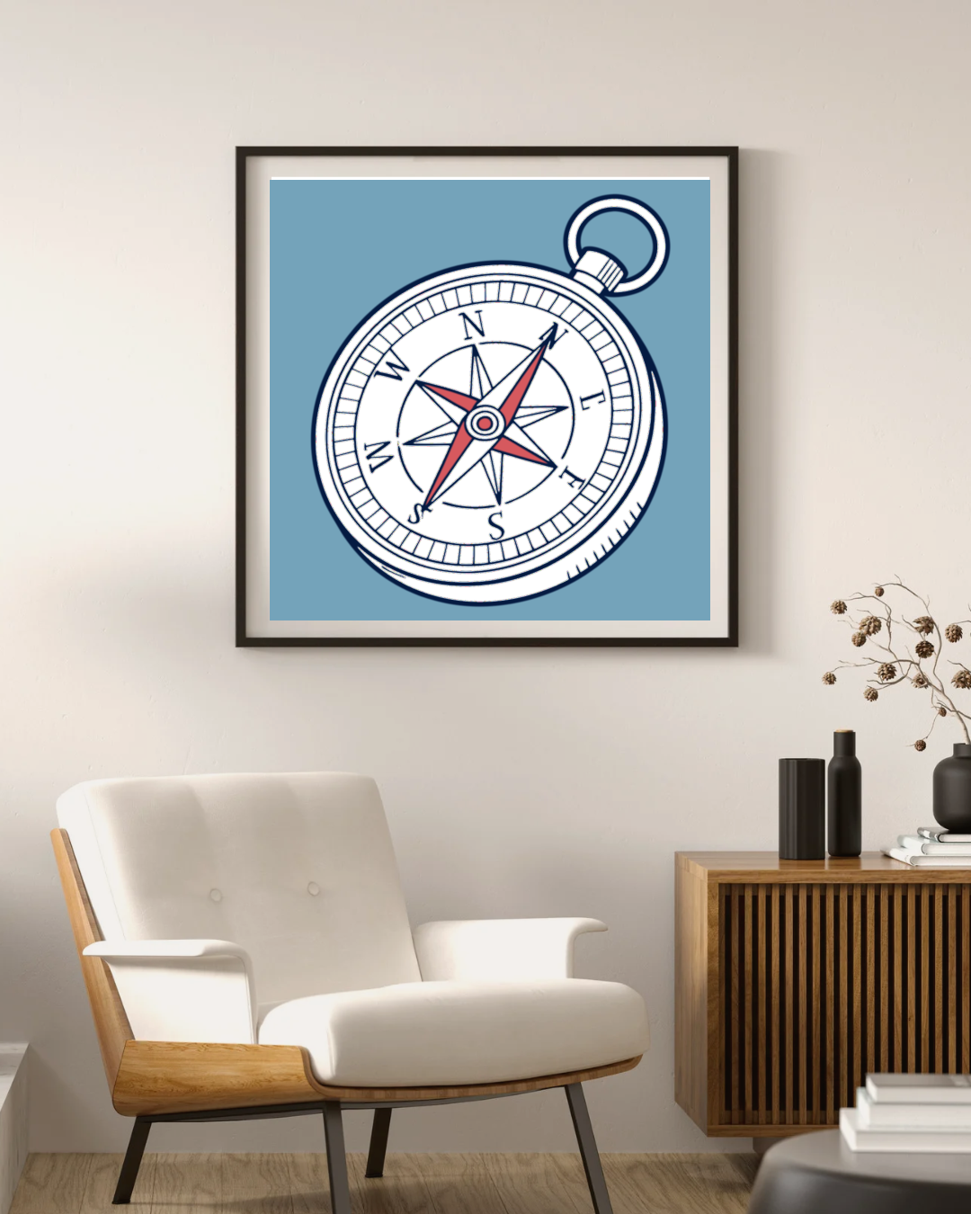 Cadre décoratif avec boussole vintage évoquant l'exploration maritime