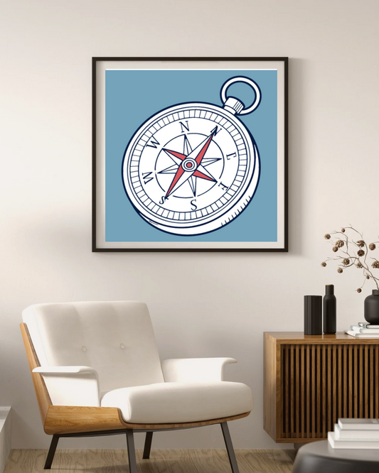 Cadre décoratif avec boussole vintage évoquant l'exploration maritime