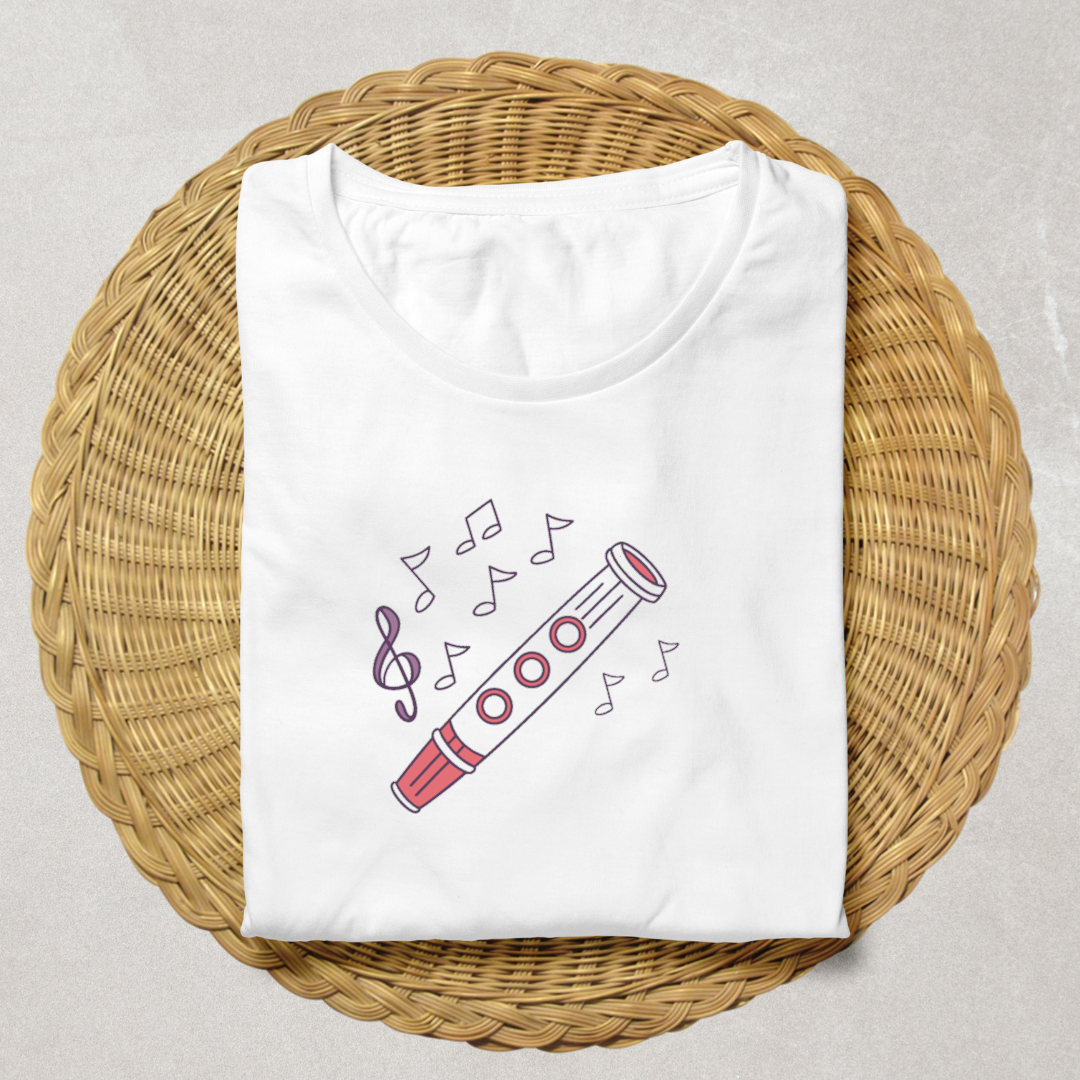 T-shirt cartoon avec flûte enchantée et ambiance mélodieuse