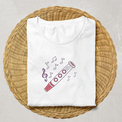 T-shirt cartoon avec flûte enchantée et ambiance mélodieuse