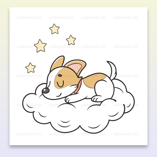 Illustration d'un chiot sur un nuage avec étoiles, usage en papeterie et déco.