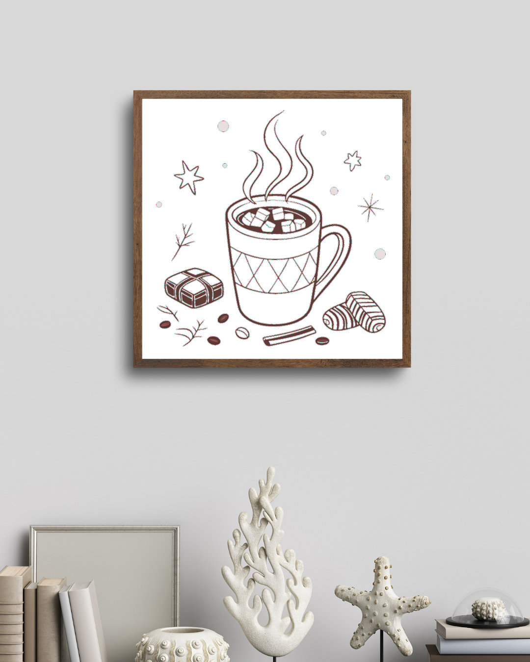 Cadre cosy avec doodle chaleureux évoquant un chocolat chaud fumant en hiver