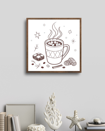 Cadre cosy avec doodle chaleureux évoquant un chocolat chaud fumant en hiver