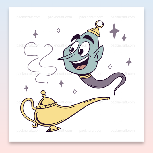 Illustration numérique d'un génie souriant avec lampe magique en style dessin
