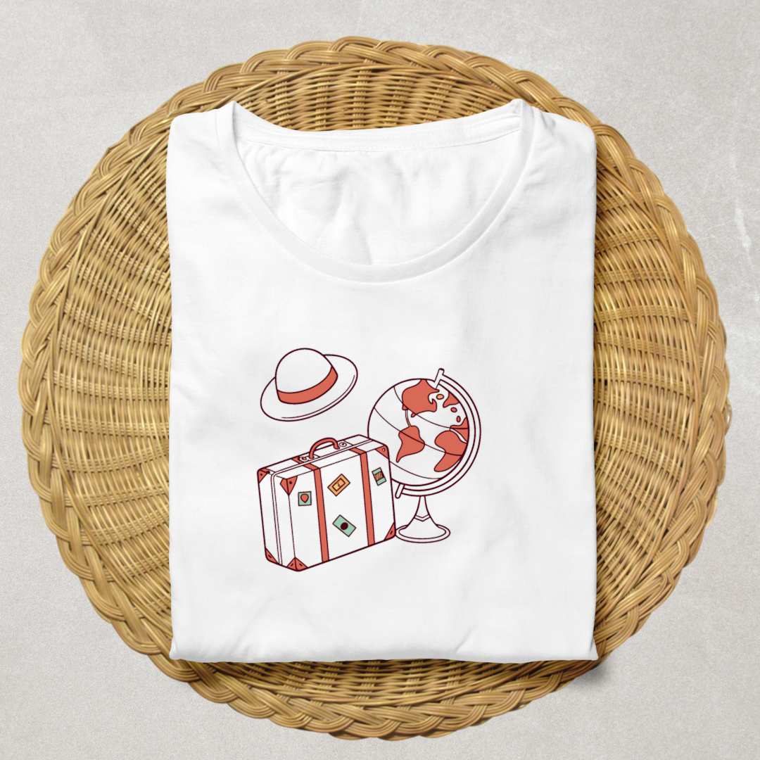 T-shirt style voyage avec un globe et une valise rétro dessinés