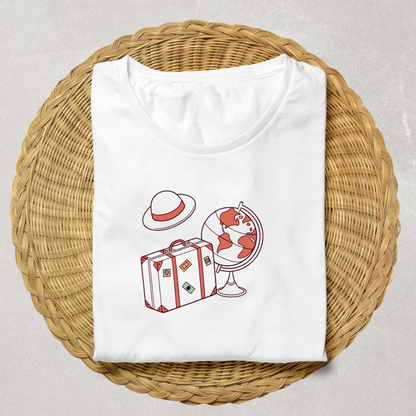 T-shirt style voyage avec un globe et une valise rétro dessinés