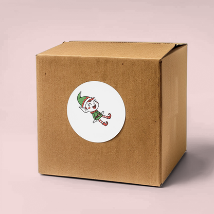 Sticker festif montrant un lutin joyeux en vert dans un thème de Noël