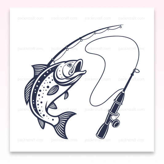 Illustration d'une truite sautante avec une canne à pêche, idéale pour projets DIY.