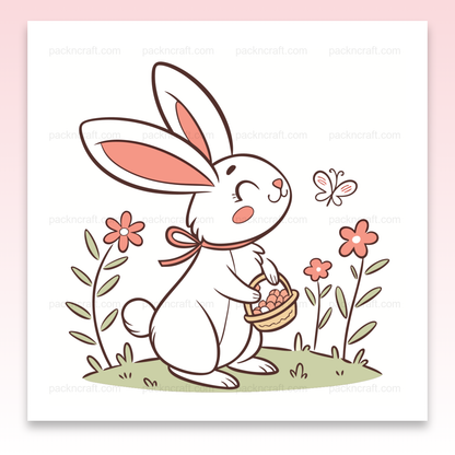 Lapin joyeux cueillant des fleurs, design pastel pour projets créatifs.