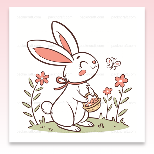 Lapin joyeux cueillant des fleurs, design pastel pour projets créatifs.