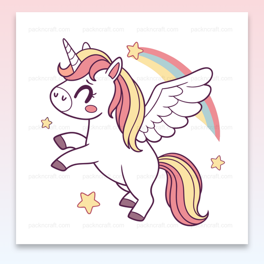 Illustration vectorielle d'une licorne ailée joyeuse en style cartoon pastel. Usage DIY et déco magique.