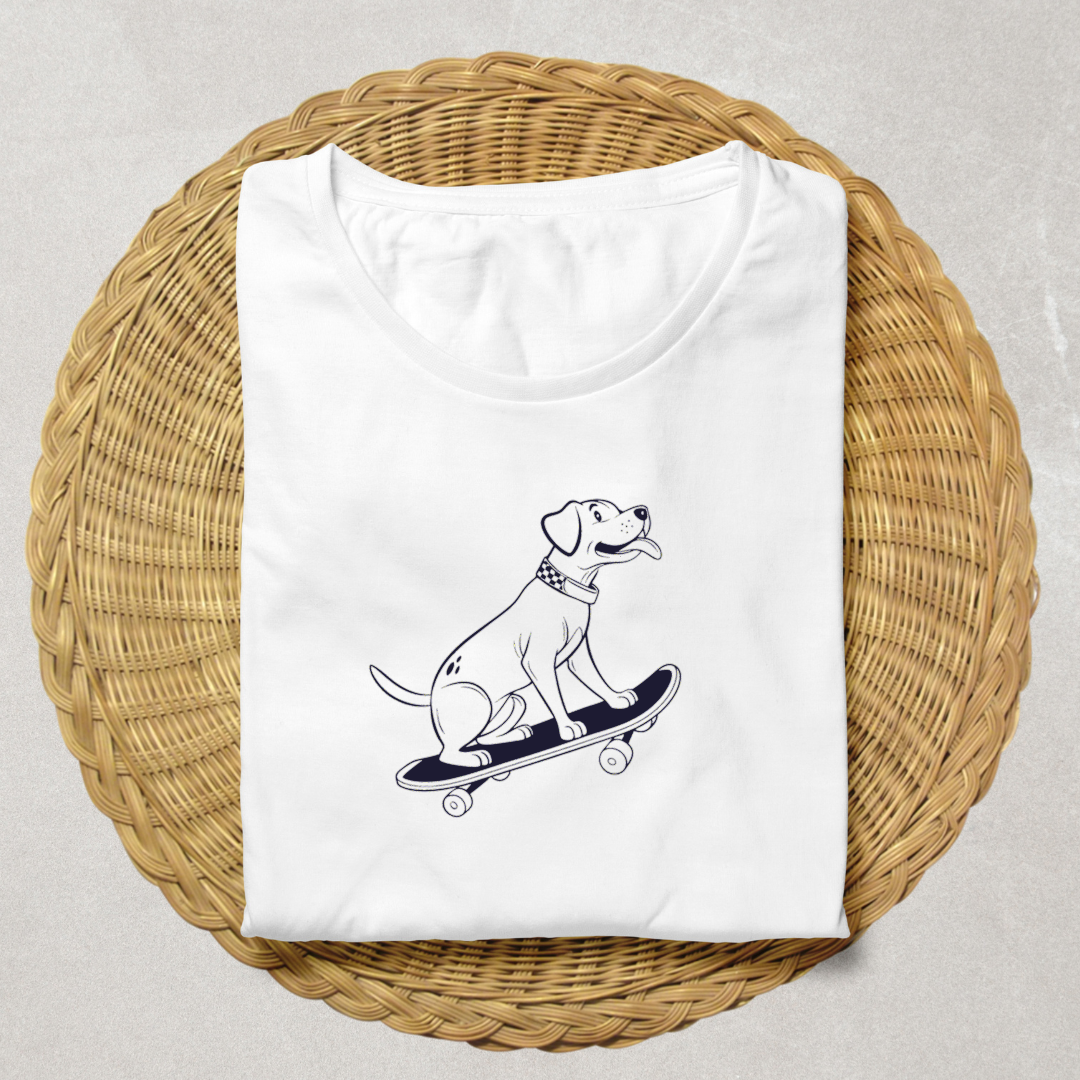 T-shirt animé d'un chien en skateboard style doodle urbain vibrant