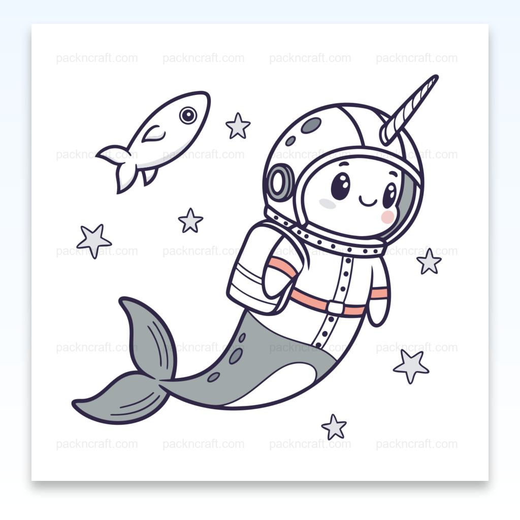 Illustration d'un narval cosmonaute rêveur, utilisable pour papeterie, stickers et projets créatifs.